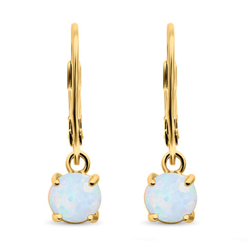 Round Yellow Tone, Lab Created White Opal Leverback Earrings 925 Sterling Silver (25.4mm)